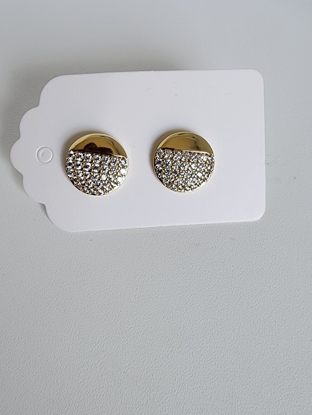 Gold Plated CZ Disc Stud Earrings Sparkly Round Crystal Statement